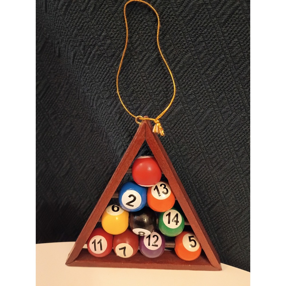 Miniature Billiard Pool Ball Rack Christmas Ornament Wood Frame Sports Decor